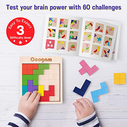 Coogam Wooden Tangram Puzzle Pattern Blocks Brain Teasers Game with 60 Challenges, 3D Russian Building Toy Wood Shape Jigsaw Puzzles Montessori STEM Educational Toys Gift for Kids Adults