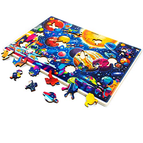 Wooden Jigsaw Puzzles for Boys and Girls Age 3 4 5 – 100 Piece Puzzles World Map & Space for Kids 6 7 Year Olds by QUOKKA - Educational Toys for Children 8-12 - Gift Game