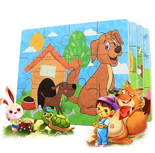BBLIKE Jigsaw Wooden Puzzles Toy in a Box for Kids, Pack of 4 with Varying Degree of Difficulty Educational Learning Tool Best Birthday Present for Boys Girls (Sheep, Dog, Cow, Pig)