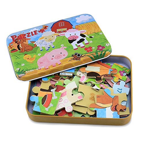BBLIKE Jigsaw Wooden Puzzles Toy in a Box for Kids, Pack of 4 with Varying Degree of Difficulty Educational Learning Tool Best Birthday Present for Boys Girls (Sheep, Dog, Cow, Pig)