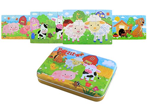 BBLIKE Jigsaw Wooden Puzzles Toy in a Box for Kids, Pack of 4 with Varying Degree of Difficulty Educational Learning Tool Best Birthday Present for Boys Girls (Sheep, Dog, Cow, Pig)
