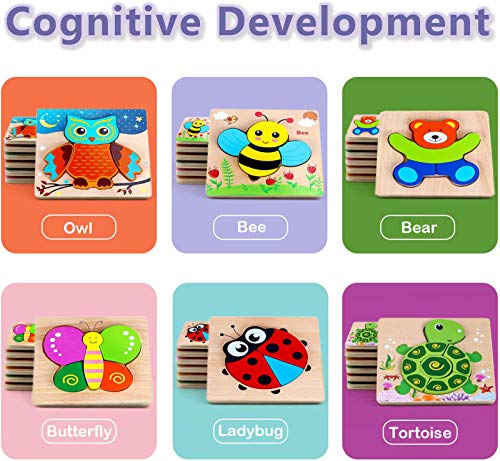 Wooden Toddler Puzzles, 6 Pack Animal Wooden Jigsaw Puzzles for Kids Baby Boys Girls Brain Development Preschool Learning Educational Toy, Extra Drawstring Bag for Easy Storage