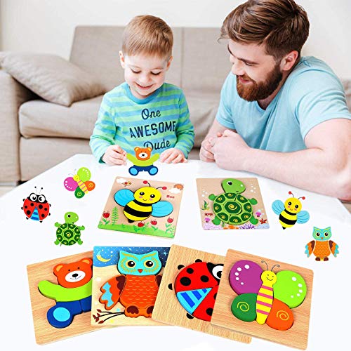 Wooden Toddler Puzzles, 6 Pack Animal Wooden Jigsaw Puzzles for Kids Baby Boys Girls Brain Development Preschool Learning Educational Toy, Extra Drawstring Bag for Easy Storage