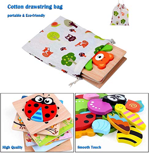 Wooden Toddler Puzzles, 6 Pack Animal Wooden Jigsaw Puzzles for Kids Baby Boys Girls Brain Development Preschool Learning Educational Toy, Extra Drawstring Bag for Easy Storage