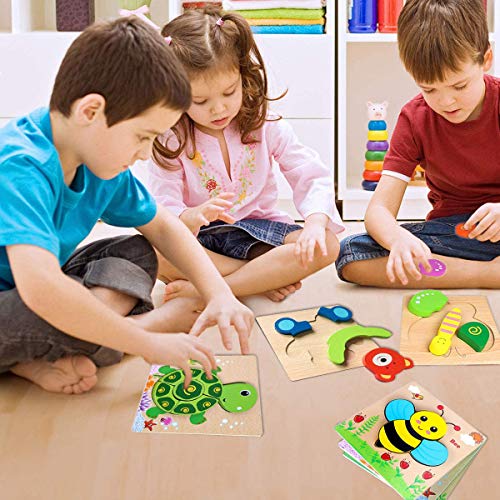 Wooden Toddler Puzzles, 6 Pack Animal Wooden Jigsaw Puzzles for Kids Baby Boys Girls Brain Development Preschool Learning Educational Toy, Extra Drawstring Bag for Easy Storage