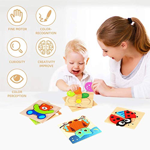 Wooden Toddler Puzzles, 6 Pack Animal Wooden Jigsaw Puzzles for Kids Baby Boys Girls Brain Development Preschool Learning Educational Toy, Extra Drawstring Bag for Easy Storage