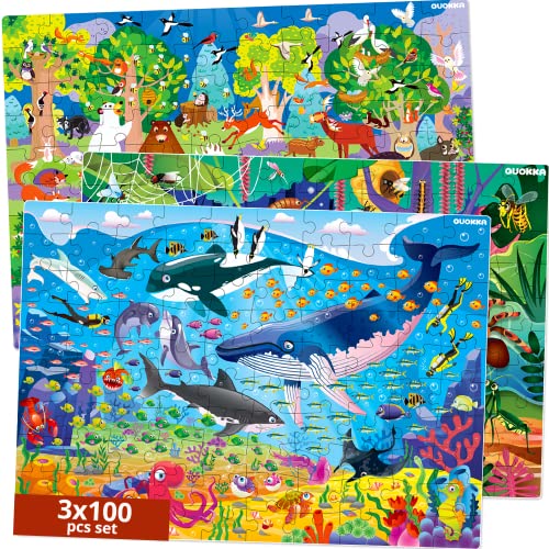 100 Piece Jigsaw Puzzles for Children Age 3 4 5 - Set of 3 Giant Floor Puzzles Ocean Forest Animals & Bugs - Educational Toys for 6 7 8 Year Old Boys and Girls - Present Game for Children 5-8 yo