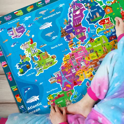 Jigsaw Puzzles for Kids 3 4 5 Year Olds - 3 Set 100 Piece Puzzles for Children to Learn World Map of Europe and Space - Educational Toys for Boys & Girls Age 6 7 9