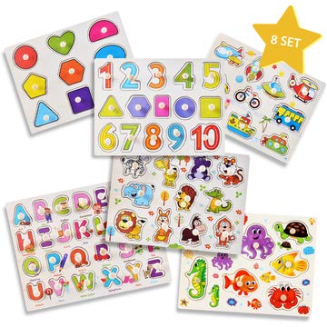 Playcrate 6 Pack Wooden Learning Puzzles for Kids - Educational Animals Numbers, Shapes and Letter Pegboard Puzzles - Fantastic Educational Aid for Children, Toddlers and Babies