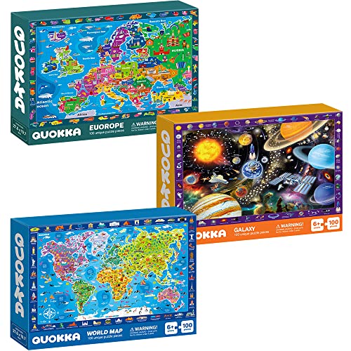 Jigsaw Puzzles for Kids 3 4 5 Year Olds - 3 Set 100 Piece Puzzles for Children to Learn World Map of Europe and Space - Educational Toys for Boys & Girls Age 6 7 9