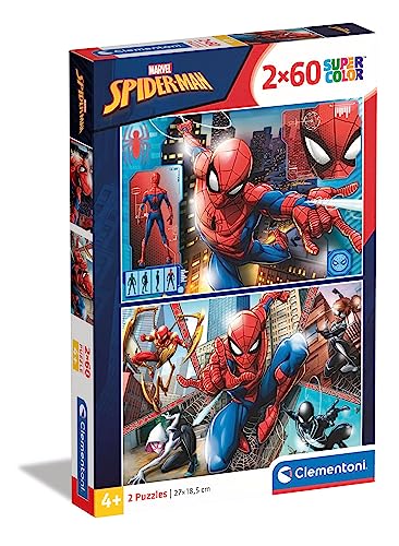 Clementoni - 21608 - Supercolur Puzzle for children - Spiderman - 2 x 60 Pieces Puzzle, Multi-coloured, 24.4 x 3.9 x 28 centimetres