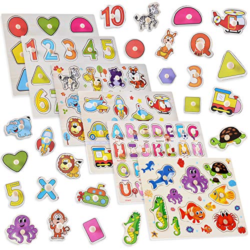 Playcrate 6 Pack Wooden Learning Puzzles for Kids - Educational Animals Numbers, Shapes and Letter Pegboard Puzzles - Fantastic Educational Aid for Children, Toddlers and Babies