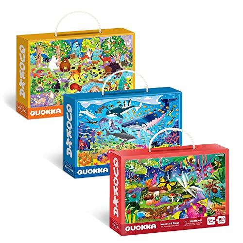 100 Piece Jigsaw Puzzles for Children Age 3 4 5 - Set of 3 Giant Floor Puzzles Ocean Forest Animals & Bugs - Educational Toys for 6 7 8 Year Old Boys and Girls - Present Game for Children 5-8 yo