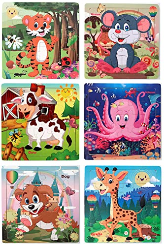JIANGTYH Puzzles for Kids Ages 3-5 Year Old 20 Piece Colorful Wooden Puzzles Set of 6 Vibrant Theme Brain Development Learning Toys Set for Boys and Girls (6 Puzzles)