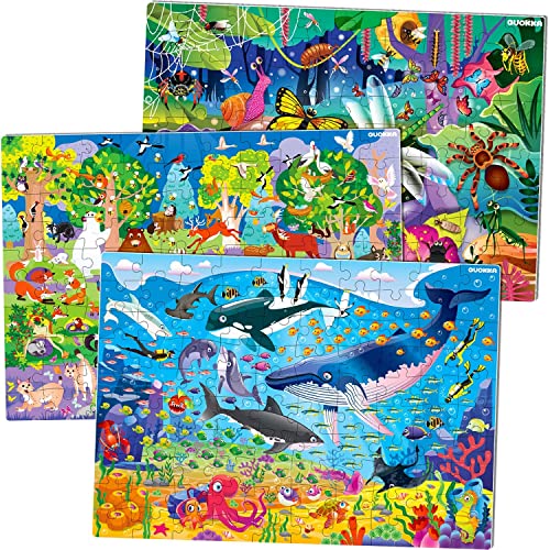 100 Piece Jigsaw Puzzles for Children Age 3 4 5 - Set of 3 Giant Floor Puzzles Ocean Forest Animals & Bugs - Educational Toys for 6 7 8 Year Old Boys and Girls - Present Game for Children 5-8 yo