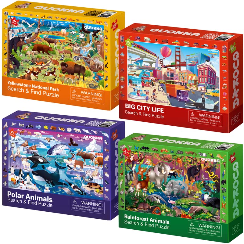Jigsaw Puzzles for Kids Age 5 6 8-4 x 60 Piece Jigsaws For Children Age 4 5 by QUOKKA - Educational Search & Find Toy for 8-10 yo for Learning Forest Polar & National Park Animals