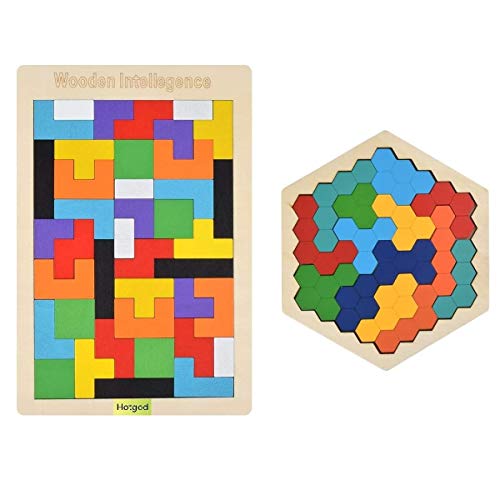 Hotgod Wooden Tetris Puzzle Hexagon Puzzles for Toddlers Tangram Jigsaw Puzzle, Montessori Educational Gift for Kids & Adults