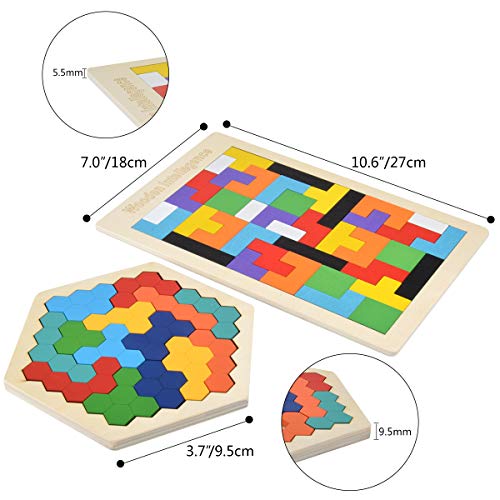 Hotgod Wooden Tetris Puzzle Hexagon Puzzles for Toddlers Tangram Jigsaw Puzzle, Montessori Educational Gift for Kids & Adults