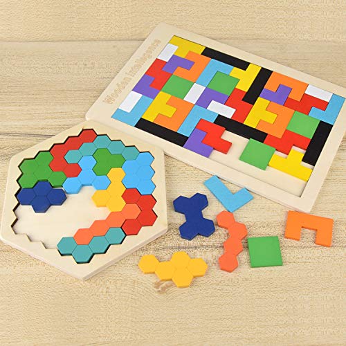 Hotgod Wooden Tetris Puzzle Hexagon Puzzles for Toddlers Tangram Jigsaw Puzzle, Montessori Educational Gift for Kids & Adults