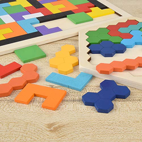 Hotgod Wooden Tetris Puzzle Hexagon Puzzles for Toddlers Tangram Jigsaw Puzzle, Montessori Educational Gift for Kids & Adults