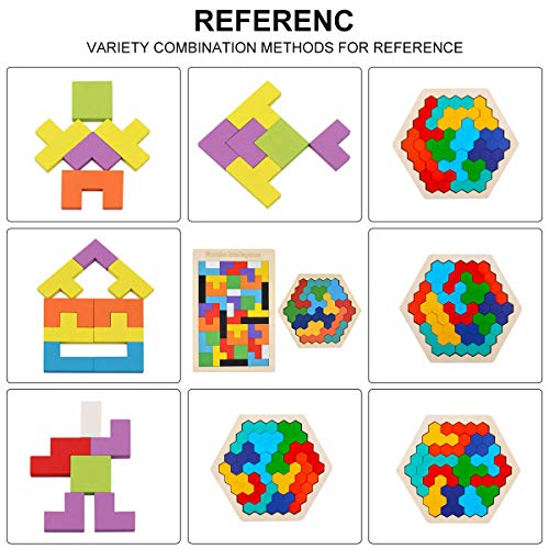 Hotgod Wooden Tetris Puzzle Hexagon Puzzles for Toddlers Tangram Jigsaw Puzzle, Montessori Educational Gift for Kids & Adults