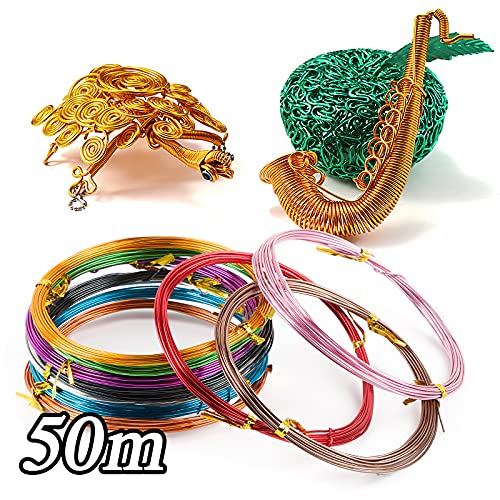 10 Colors 50 Meters Aluminium Craft Wires 1MM Coloured Alumina Round Wire Craft Wire for DIY Handmade Jewellery and Crafts Bicycle Motorcycle Modeling Weaving Bonsai Modeling Aluminum Wire
