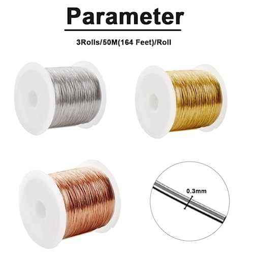 OKUYAN 3Rolls Craft Wire 0.3mm Jewelry Wire Metal Jewelry Beading Wire Soft Copper Wire Kit with Wire Cutter Flexible Craft Wire for Jewelry Making Supplies DIY Crafts Sculpting Modelling（50M/Roll）