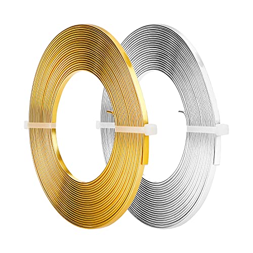 BENECREAT 2 Rolls 32 Feet Gold Sliver Flat Jewelry Craft Wire 18 Gauge Aluminum Wire 3mm Wide for Bezel Jewelry Making, Sculpting, Armature Craft