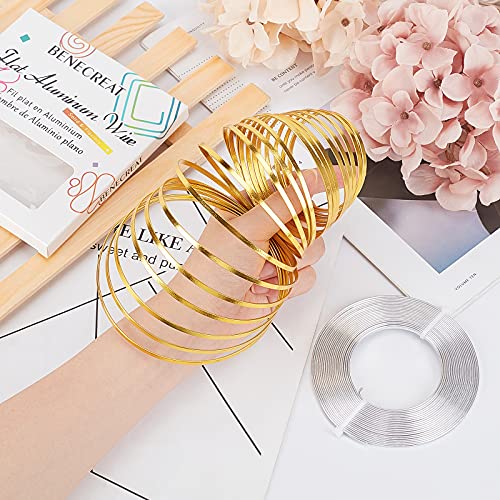 BENECREAT 2 Rolls 32 Feet Gold Sliver Flat Jewelry Craft Wire 18 Gauge Aluminum Wire 3mm Wide for Bezel Jewelry Making, Sculpting, Armature Craft