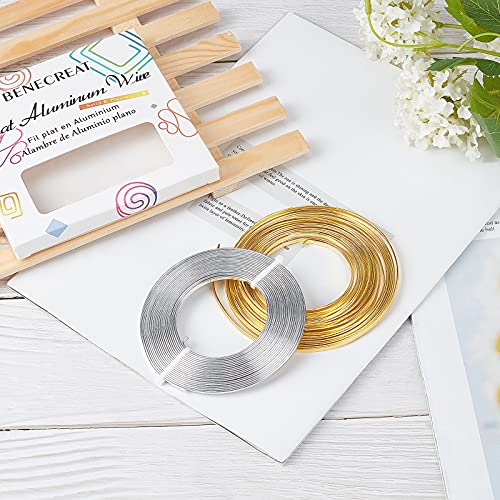 BENECREAT 2 Rolls 32 Feet Gold Sliver Flat Jewelry Craft Wire 18 Gauge Aluminum Wire 3mm Wide for Bezel Jewelry Making, Sculpting, Armature Craft