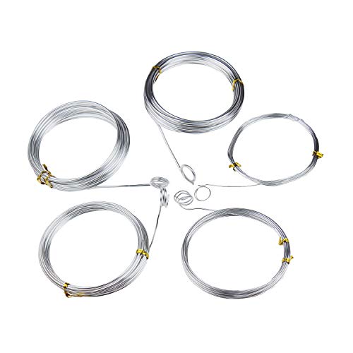 Silver Aluminum Craft Wire, 5 Assorted Sizes (1 mm, 1.5 mm, 2 mm, 2.5 mm and 3 mm in Thickness) Aluminum Wire Rolls for DIY Sculpture and Crafts, Each Roll 16.4 Feets / 5 Meters Length