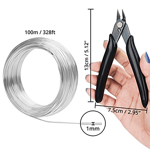 Belle Vous 100m / 328 feet Aluminum Craft Wire with Cutter - Bendable 18 Gauge Sculpting Wire - Silver - 1mm Crafting Wire for Beading, Jewellery Making, Wire Weaving, DIY and Embellishments