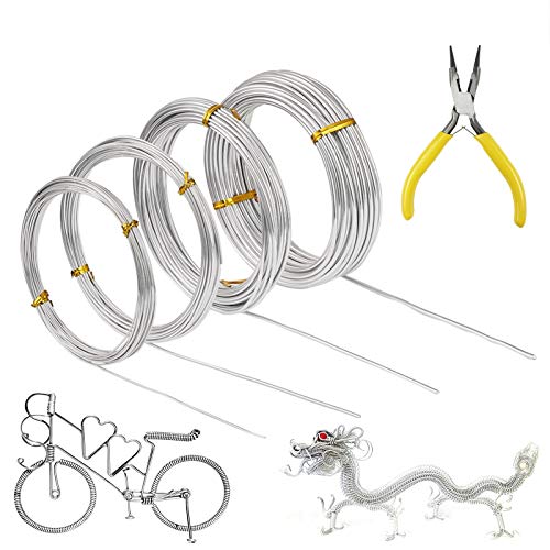 Craft Wire, 4 Rolls Silver Aluminum Wire, 0.8mm, 1.0mm, 1.5mm, 2.0mm Flexible Metal Wire for Jewellery Modelling Making, DIY Sculpture and Crafts (5m/roll)