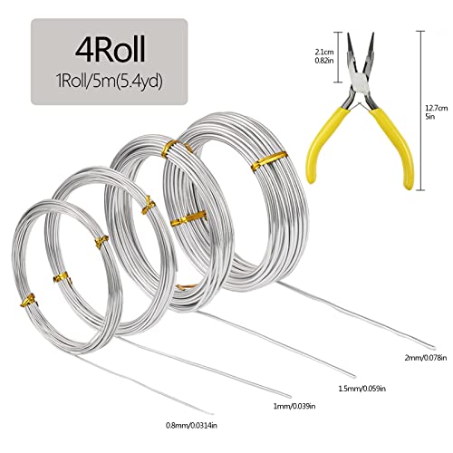 Craft Wire, 4 Rolls Silver Aluminum Wire, 0.8mm, 1.0mm, 1.5mm, 2.0mm Flexible Metal Wire for Jewellery Modelling Making, DIY Sculpture and Crafts (5m/roll)