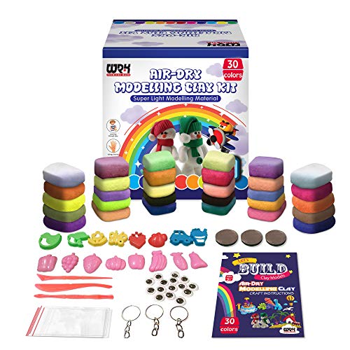 WRK 30 Colors Air Dry Clay Set, Modelling Clay Kit with Sculpting Tools, Project Book & Decoration Accessories - Soft, Light & Non-Sticky Art and Crafts Gift Box for Kids