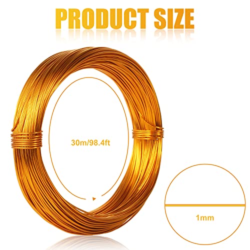 Aluminum Craft Wire, 98.4Ft/ 30m 1mm Metal Wire Armature for Crafts Flexible Bendable Aluminum Wire 18 Gauge for Jewelry Making DIY Crafts Gardening Sculpting (Gold)
