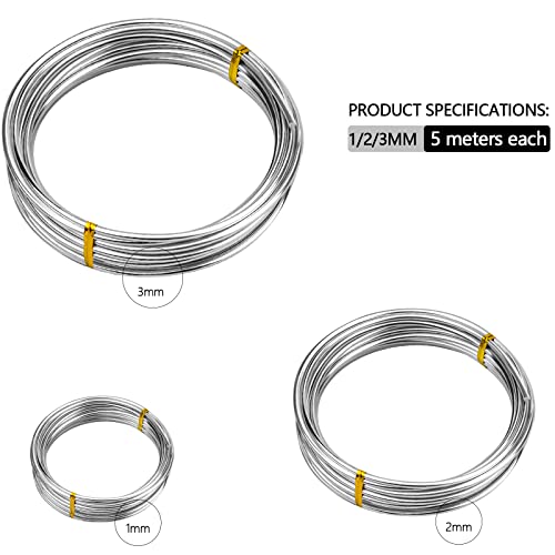 3 Roll Silver Craft Wires 1mm 2mm 3mm Aluminum Wires 5 Metres Soft Metal Jewllery Wire Armature Wire Metal Thread for Wire Wrapping, Sculpting, Hobby Craft, Wire Modelling