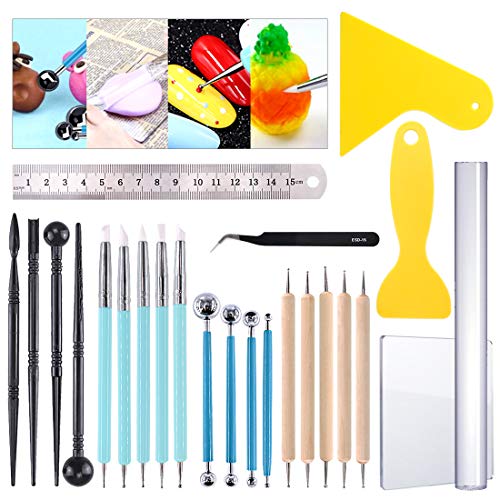 Glarks 24Pcs Carving Modeling Clay Sculpting Tool Set Including Ball Stylus Dotting Tool, Dual-Ended Pottery Tool, Ball Rod Stylus Tool, Ruler, Scraper for Embossing Art, Coloring, Nail Art Painting