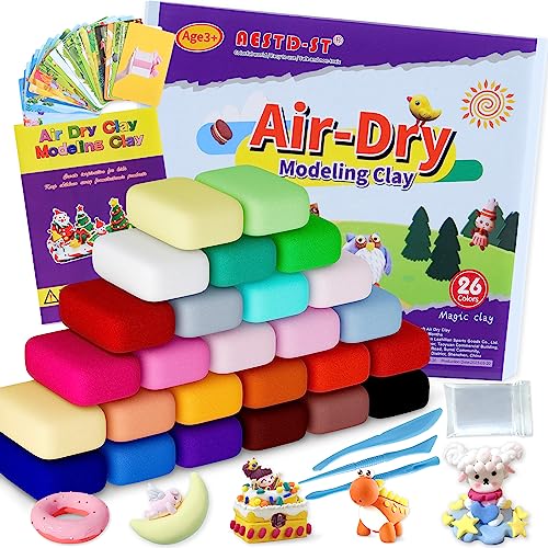 Air Dry Clay 26 Corlours, Modeling Clay for Kids, DIY Soft Magic Clay, Safe & Non-Toxic, Molding Clay with Sculpting Tools and Play Cards, Arts and Crafts Gift for Boys Girls Kids.