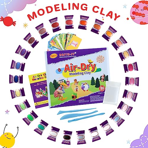 Air Dry Clay 26 Corlours, Modeling Clay for Kids, DIY Soft Magic Clay, Safe & Non-Toxic, Molding Clay with Sculpting Tools and Play Cards, Arts and Crafts Gift for Boys Girls Kids.