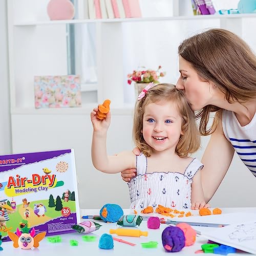 Air Dry Clay 26 Corlours, Modeling Clay for Kids, DIY Soft Magic Clay, Safe & Non-Toxic, Molding Clay with Sculpting Tools and Play Cards, Arts and Crafts Gift for Boys Girls Kids.