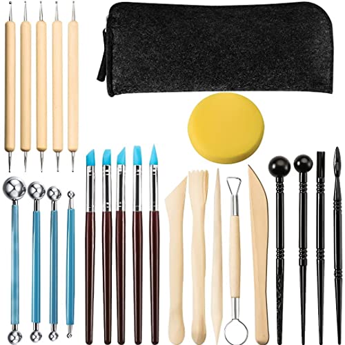 ZOLISCHE Polymer Clay Tools 25 PCS Clay Sculpting Tools Set Clay Modeling Tools Pottery Carving Tool with a Storage Bag Ceramic Tools Wooden Nail Brush DIY Embossing Tool