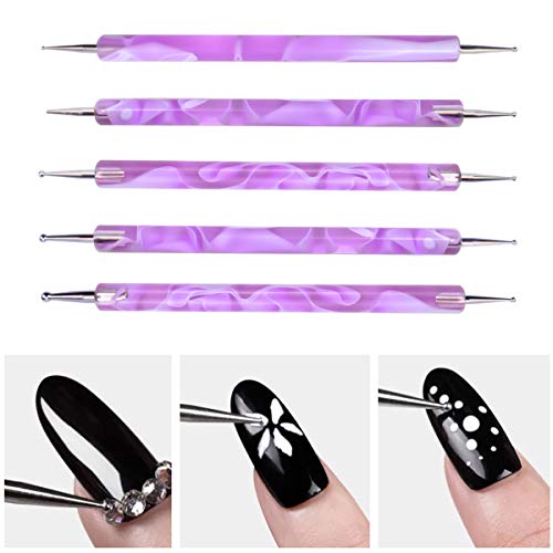 Jinlaili 5PCS Nail Dotting Pen Marbleizing Tool Set, Dotting Painting Pen Polish Carving Tool, Nail Polish Paint Manicure Dot Nail Art Tool, Nail Design for Embossing Pattern Clay Sculpting (Blue)