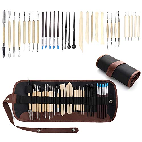 Clay Sculpting Tools, 30Pcs Ceramic Wooden Pottery Carving Tool Set, Pottery Clay Modeling Tool Kit with Portable Bag for Beginners Professional Art Crafts