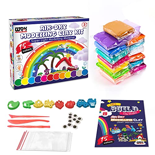 WRK 15 Colors Air Dry Clay Set, Modelling Clay Kit with Sculpting Tools, Project Book & Decoration Accessories - Soft, Light & Non-Sticky Art and Crafts Gift Box for Kids