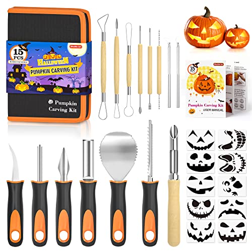 Shuttle Art 25 PCS Halloween Pumpkin Carving Kit, 15 PCS Professional Premium Quality Stainless Steel Pumpkin Carving Tool Set with 10 Pumpkin Stencils Carrying Case for Kids Adults Sculpting Carving