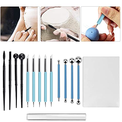 VCRANONR 15 Pcs Clay Sculpting Tool Set Polymer Clay Pottery Tools Ball Stylus Dotting Tools Acrylic Clay Roller and Sheet Pottery Tools for Rock Painting Art Carving Embossing Nail Art DIY Cake Decor