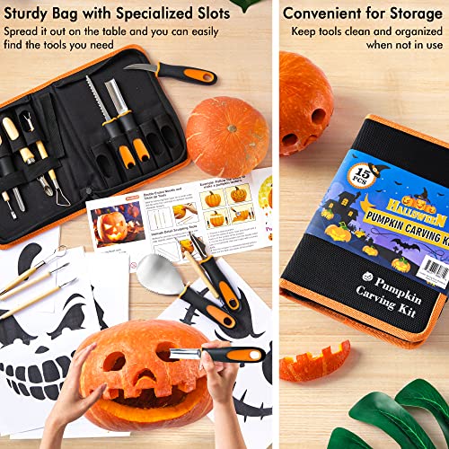 Shuttle Art 25 PCS Halloween Pumpkin Carving Kit, 15 PCS Professional Premium Quality Stainless Steel Pumpkin Carving Tool Set with 10 Pumpkin Stencils Carrying Case for Kids Adults Sculpting Carving