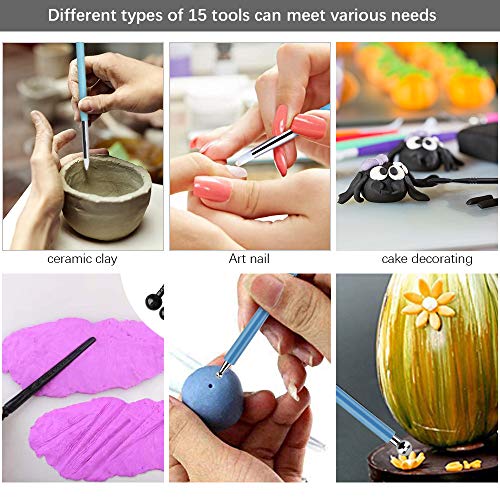 VCRANONR 15 Pcs Clay Sculpting Tool Set Polymer Clay Pottery Tools Ball Stylus Dotting Tools Acrylic Clay Roller and Sheet Pottery Tools for Rock Painting Art Carving Embossing Nail Art DIY Cake Decor
