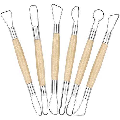 6 Pcs Clay Sculpting Tools Set Pottery Clay Modelling Carving Tool Double Ended Stainless Steel Pottery Ribbon Sculpture Cutter with Wooden Handle for Pottery Ceramics Sculpture Carving DIY Craft